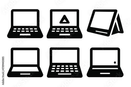 Brutalist Laptop Icons. Modern Laptops silhouette icon set: ultrabook, gaming laptop, 2-in-1 convertible, workstation laptop, thin notebook, chromebook.