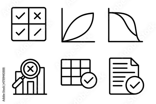 Model Evaluation Icons. Model Evaluation linear icon set: confusion matrix, ROC curve, precision recall chart, error analysis, test data, validation score.