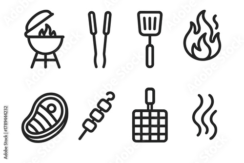 Grilling Icons Set. Grilling Concept linear icon set: barbecue grill, tongs, spatula, flame, steak, skewer, grill basket, smoke.