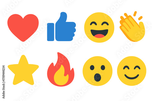 Vibrant Emoji Reactions. Reactions & Likes flat icons: heart icon, thumbs-up, laughing emoji, clapping hands, star reaction, fire icon, wow face, smile emoji.