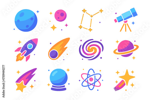Vibrant Cosmic Icons. Cosmic Future flat icons: planet, moon, constellation, telescope, rocket, comet, galaxy swirl, ringed planet, shooting star, crystal ball, orbit, glow.