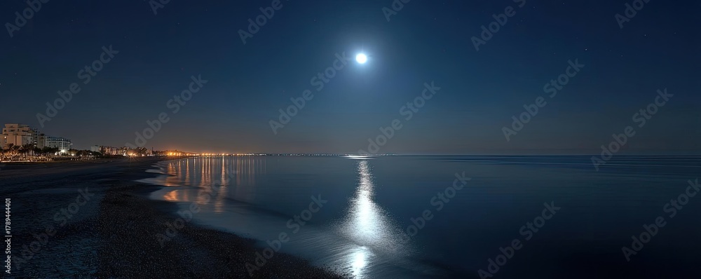 Fototapeta premium Moonlight over calm water surface at night concept. Moonlit seascape with tranquil waters reflecting bright night.