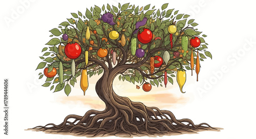 Fantastical Tree of Life with Abundant Fruits and Vegetables.