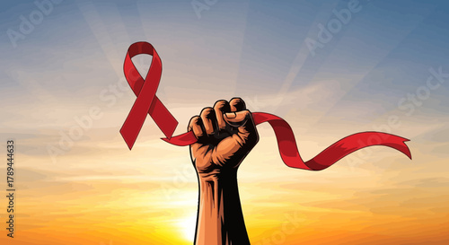 Fist Holding Red Ribbon Symbolizing AIDS Awareness and Hope.