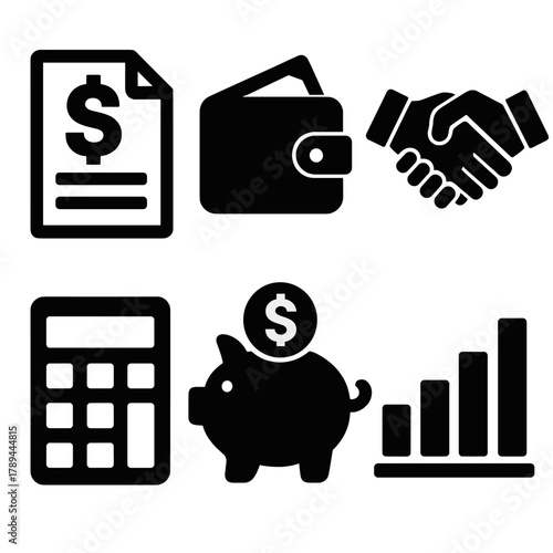 Brutalist Loan Icons. Personal loans silhouette icon set: document with dollar sign, wallet, handshake, calculator, piggy bank, bar chart.