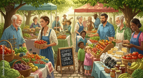 Vibrant farmers market scene with diverse people and fresh produce.
