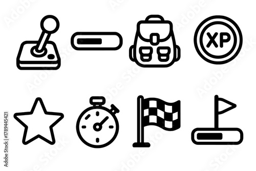 Gaming Interface Icons. Core Gameplay linear icon set: joystick, health bar, progress meter, inventory bag, XP points, power-up star, timer clock, goal flag.