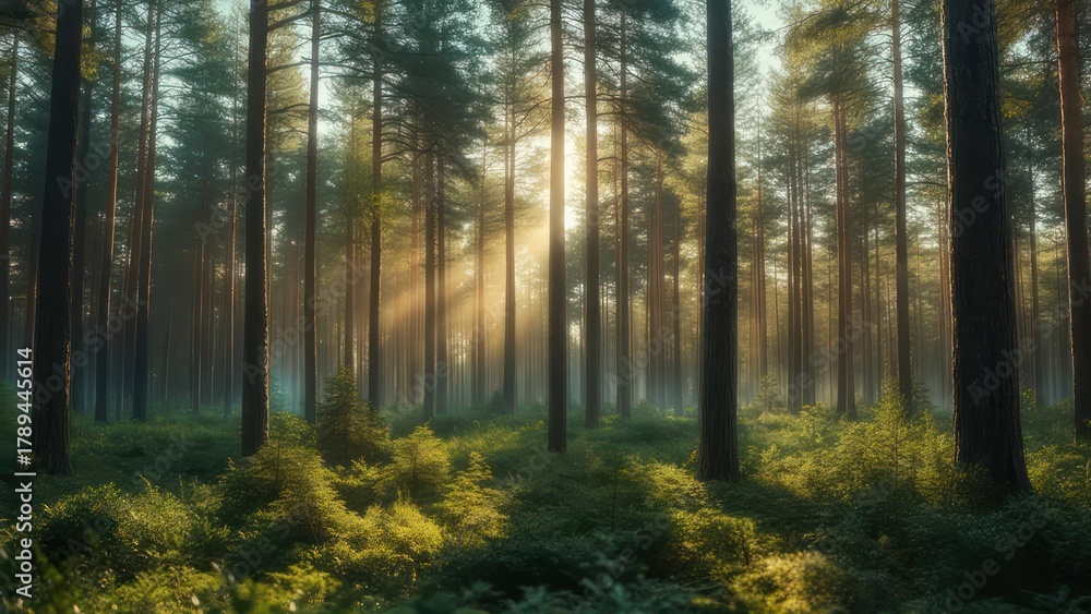 Fototapeta premium Sunbeams pierce a misty pine forest