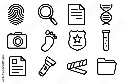 Forensic Icons Set. Forensic Evidence linear icon set: fingerprint, magnifying glass, document file, DNA strand, camera, footprint, badge, test tube, report page, flashlight, tape