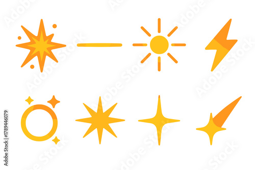 Vibrant Energy Icons. Energy Sparks Symbols flat icons: spark explosion, glowing line, radiant point, electric flash, shimmer ring, glowing burst, star spark, flare trail