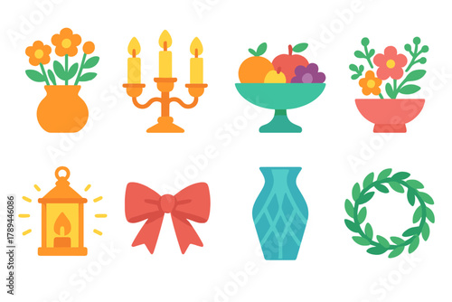 Minimalist Centerpiece Icons. Decorative Centerpieces Icons flat icons: bouquet vase, candle holder, fruit bowl, floral arrangement, lantern glow, ribbon bow, crystal vase,