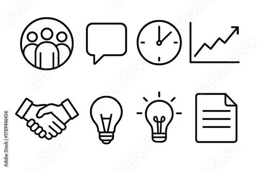 Collaborative Icon Set. Collaboration Set linear icon set: team circle, speech bubble, notebook, clock, graph, handshake, light bulb, paper.
