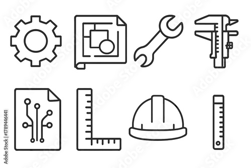 Technical Drawing Icons. Engineering Blueprints linear icon set: gear, technical drawing, wrench, caliper, document, circuit, ruler, hard hat.