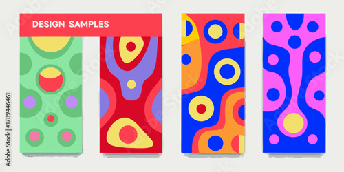 Set of four colorful abstract design samples with organic shapes and circles