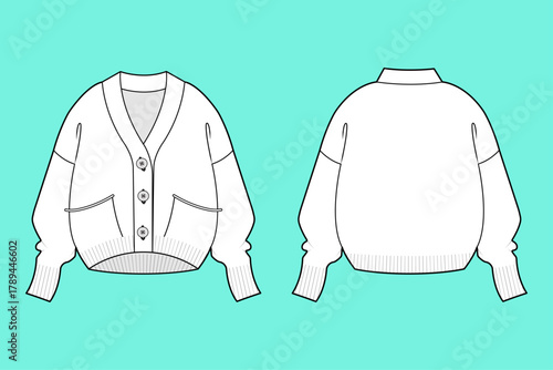 Women's Cropped V-Neck Button-Up Cardigan Sweater Fashion Front and Back Technical Flat Sketch