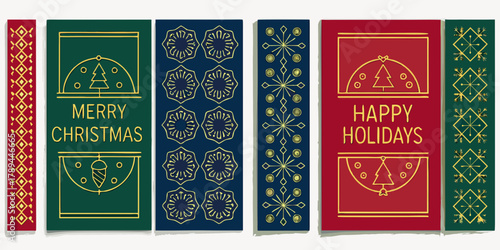 Collection of festive christmas and happy holidays greeting cards with decorative borders and seasonal icons