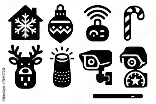 Festive Smart Icons. Festive Smart Homes silhouette icon set: snowflake house, ornament light bulb, candy cane Wi-Fi signal, frosty thermostat, reindeer smart plug, glowing voice