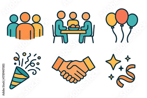 Community Celebration Icons. Community Gathering Icons flat icons: people group, table meal, shared drink, balloons, confetti popper, handshake, star sparkle, ribbon curl