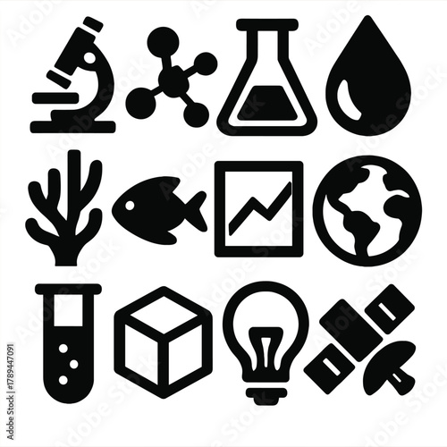Bold Scientific Icons. Scientific Oceans silhouette icon set: microscope, molecular model, lab flask, water droplet, coral, fish, graph chart, globe, test tube, 3D cube, light bulb