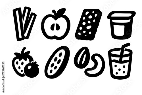 Bold Healthy Snacks Icons. Healthy Snacks silhouette icon set: carrot sticks, apple slice, granola bar, yogurt cup, berries, cucumber, nuts, smoothie.