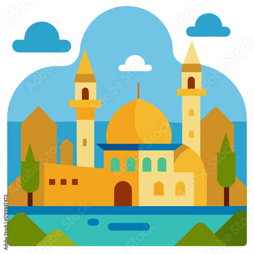 Cute Cartoon Cityscape of Cairo with Nile River and Mosque Domes