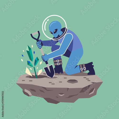 Alien Cultivating Crystal Plant on Asteroid