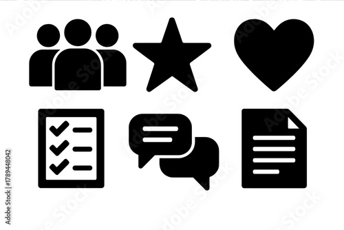 Positive Icon Set. Team positive attitude silhouette icon set: group of people, star, heart, checklist, chat bubbles, document.