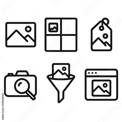 Digital Photography Icons. Image Search linear icon set: photo icon, gallery grid, tag icon, camera search, image filter, preview window.