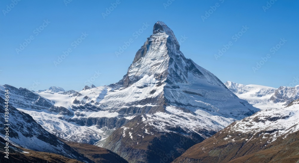 Fototapeta premium Iconic, pyramidal peak rising over snowy slopes under a cloudless sky