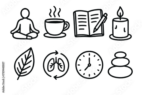 Mindful Living Icons. Mindful Living outline icons: meditation pose, tea cup, journal, candle, plant leaf, breathing symbol, clock, balanced stones.