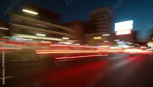 Captured with a slow shutter speed, the image presents a blurred cityscape at night, showcasing streaks of car taillights and the glow of streetlights.