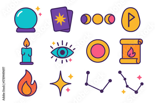 Mystic Icon Set. Mystic Prediction flat icons: crystal ball, tarot deck, moon phase, rune stone, candle, third eye, stars, aura ring, scroll, flame, spark, constellation.