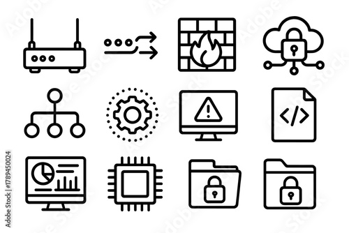 Network Automation Icons. Network Automation linear icon set: router icon, data stream, firewall grid, automation nodes, secure cloud, connection lines, gear wheel, alert monitor,