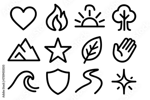 Symbols of Strength. Emotional Strength linear icon set: heart, flame, sunrise, tree, mountain, star, leaf, open hand, wave, shield, path, spark. , .