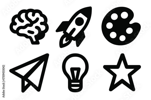 Creative Icon Set. Creative mindset silhouette icon set: brain, rocket, palette, paper plane, light bulb, star.