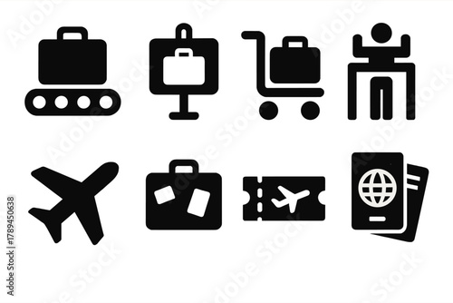 Bold Airport Icons. Airport Luggage silhouette icon set: conveyor belt, baggage claim sign, luggage cart, security check, ticket, airplane, suitcase with sticker, travel documents.