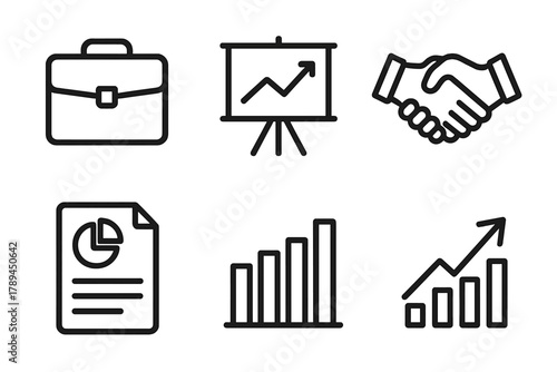 Business Icons Collection. Business consensus linear icon set: briefcase, chart board, handshake, document chart, bar graph, upward arrow.
