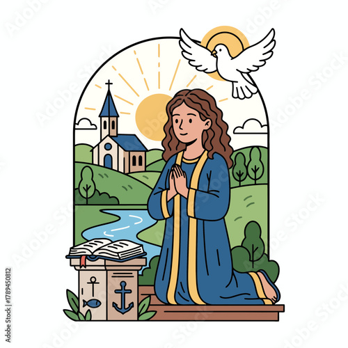 Devoted woman praying with open bible and holy spirit dove near church, faith and devotion concept