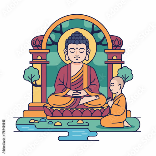 Meditating Buddha illustration with praying monk creates serene vibes, perfect for spiritual projects