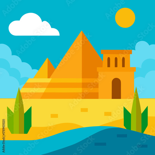 Cartoon Egyptian Temple near the Nile River