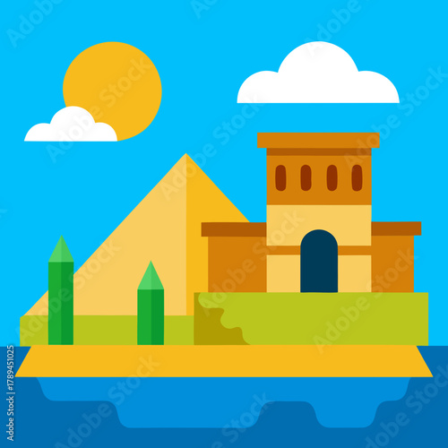Cartoon Egyptian Temple near the Nile River