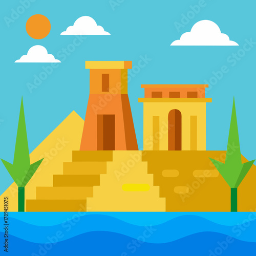 Cartoon Egyptian Temple near the Nile River