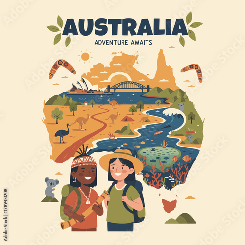 Australia adventure illustration with diverse tourists exploring iconic landmarks and wildlife destinations