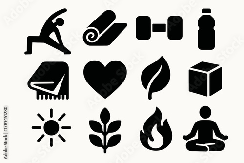Bold Yoga Icons. Yoga Practice silhouette icon set: stretching pose, mat, dumbbell, water bottle, towel, heart, leaf, flame, yoga block, sun, plant, meditation icon.