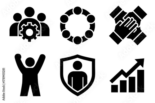 Team Strength Icons. Team Strength silhouette icon set: teamwork gear, group circle, united hands, victory pose, shield emblem, success chart.