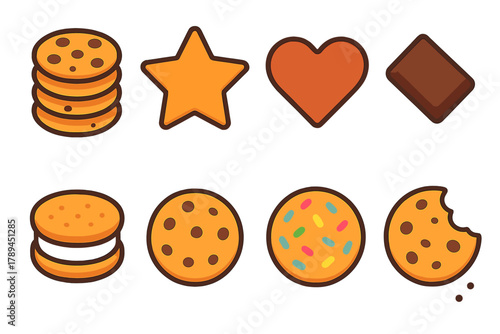 Vibrant Cookie Icons. Sweet Cookies Pack flat icons: cookie stack, star cookie, heart biscuit, chocolate chunk, sandwich cookie, round cookie, sprinkle top, bite mark