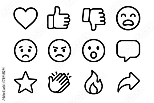 Social Media Icons. Social Reactions linear icon set: heart icon, thumbs up, thumbs down, laughing emoji, sad emoji, angry emoji, surprised emoji, comment bubble, share arrow, star