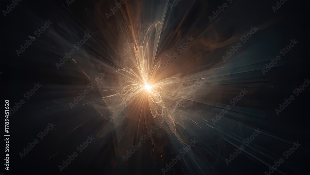 Obraz premium A striking abstract composition depicts a radiant, glowing center emitting ethereal, light-filled strands against a dark background, evoking a sense of energy and cosmic illumination within the frame.