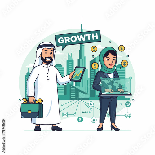 Successful Arab business team achieving financial growth, embracing modern technology and global strategy