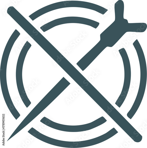 Abstract prohibition icon featuring a crossed-out dart or spear over concentric circles, conveying concepts of no weapons, restricted access, or quiet areas
